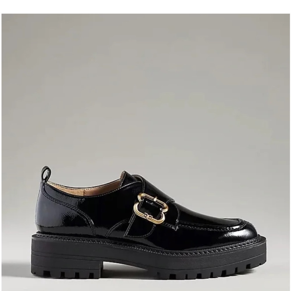 Sam Edelman Black Patent Leather Loafers with Gold Buckle